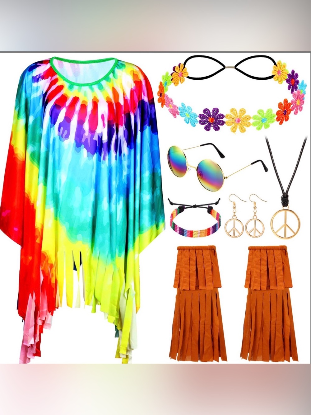 Hicarer 6-Piece 60s/70s Hippie Costume Set – Rainbow Poncho & Accessories Unisex
